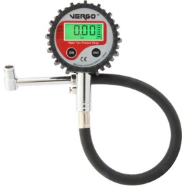 VERGO Digital Tyre Pressure Gauge with Flexible Hose and 90 Degree End - 200 PSI/14 BAR - Backlit LCD 4 Units Car, Truck, SUV, Motorcycle, Bicycle (with Valves)