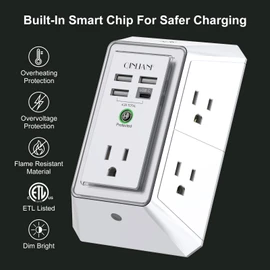 3-Sided Outlet Extender with Night Light - QINLIANF Multi Plug Outlet with 5 Outlets and 4 USB Ports(1 USB-C), USB Wall Charger for Home, Office, Travel, ETL Listed, White