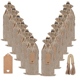 EVRWO Burlap Wine Bags 12 Pcs Wine Bottle Gift Bags Reusable Gift Bags With Drawstrings Tags & Ropes for Holiday Weedings Party, Birthdays, Travel, Blind Tastings, Home Storage 750ml (Natural)