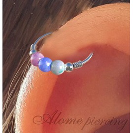 Helix Hoop Earring - 24G Silver 2 mm tiny opal helix earring - white opal cartilage earring, silver cartilage hoop