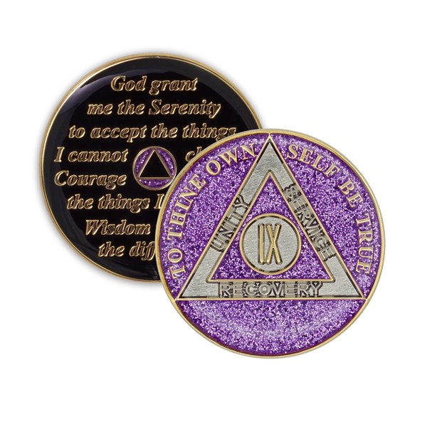 9 Year Sobriety Coin | Glitter Triplate AA Chip Recovery Anniversary Token (Purple)