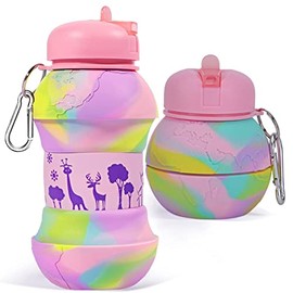 Botella de agua plegable, Botellas de Agua Plegables de Silicona para Niños con Mosquetón Botellas de agua deportivas a prueba de fugas para escolares, footing, senderismo, viajes (Camuflaje Rosa)