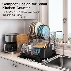 BOOSINY 2 Tier Grey Large Stainless Steel Dish Drainers Drying Rack for Kitchen Counter with Drainboard, Rust Proof Metal, Space Saving, Modern Aesthetic, Compact Plates Strainers with Extra Mat