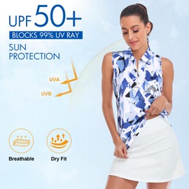 Viracy Sleeveless Golf Shirts for Women Sun Protection Womens Workout Tank Tops with Collar Quick Dry Stretchy Lightweight Printed Athleisure Clothes for Tennis, Hiking, Casual. Blocks, XXL