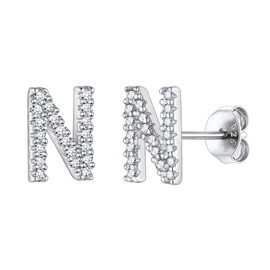 Suplight Women's Men's 925 Silver Letter Stud Earrings Bling Zirconia A to Z Initials White Gold/Rose Gold Plated Initial Letters Ear Piercing Ear Jewellery Accessory with Gift Box, Sterling Silver,