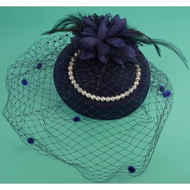 Pillbox Hats 20s 50s Vintage Fascinators for Women with Feather Mesh Veil Headband Bridal Wedding Tea Party (E1-Navy)