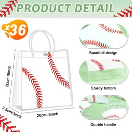 36Pcs Baseball Clear PVC Gift Bags With Handles Bulk Sport Theme Goodie Treat Candy Bags Rugby Team Present Wrap Tote Bag for Boys Birthday Party Favor Baby Shower Decorations Supplies 8 x 8 x 3in