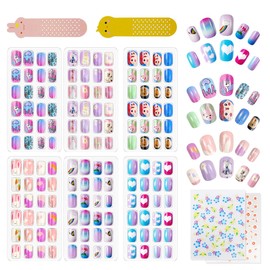 144Pcs Kids Press on Nails Children Girls Press on Short Artificial Fake Nails No fading Stable Quick Stick on Cute Pre Glue Full Cover Acrylic Nail Tip Kit Gift for Kids Nail Decoration (Rainbow)