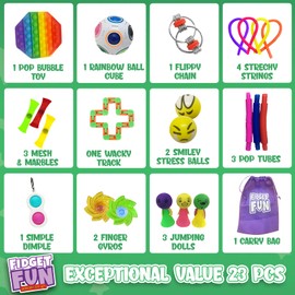 DS Brands Fidget Toy Set- 23 PC Fidget Fun Box with Simple Pop It Fidget Toy, Pop Tubes, Puzzle Ball, Marble Mesh- Sensory Toys For Autism Adhd- Perfect Stocking Fillers Girls Boys Kids Gift