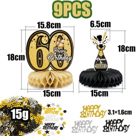 BETESSIN 60th Birthday Decoration Men Black Gold - Includes 9 Pieces Honeycomb Centrepiece and 15g Happy Birthday Confetti - 60th Birthday Table Decoration for Men and Women