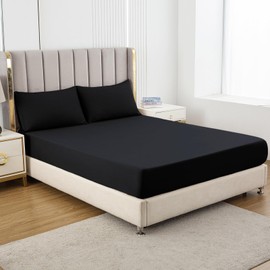 Soifox King Size Fitted Sheet Black - Bed Sheets with Extra Deep Pocket 16 inch (40 cm), Soft Microfiber Bottom Sheet for Kingsize Bed, 150x200cm