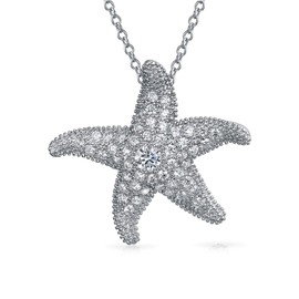 Pave CZ Dancing Marine Life Nautical Beach Vacation Starfish Necklace Pendant For Women .925 Sterling Silver Large