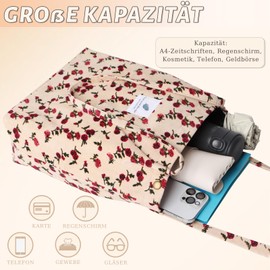 Large Shoulder Bag Women's Cord Ultralight Crossbody Bag Shoulder Bags Handbag Canvas Bag Shopper Tote Bag Fashion Fabric Bag for Everyday College Travel Shopping, white flowers