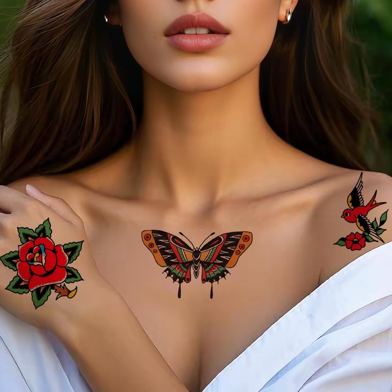 Nirbffo Vintage Tattoo Stickers Butterfly Rose Swallow Tattoo Stickers Transferable