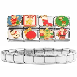 Set of 8 Christmas Italian Charms Plus Starter Braclet - Bulk Gift Set of Holiday Charms Featuring Santa, Snowman, Reindeer, Tree, Star, and More