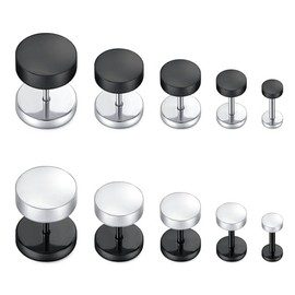 LAURITAMI 5 Pairs 16G Stainless Steel Stud Earrings Set Hoop Earrings Fake Ear Plugs Black Silver Screw Helix Tragus Piercing 4-12 mm, Stainless Steel