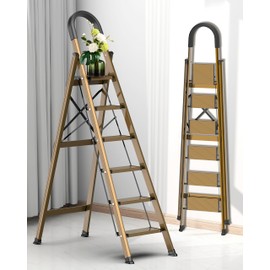 COROCO 6 Step Ladder, Folding Step Stool with Anti-Slip Wide Sturdy Pedal and Handgrip, Portable Lightweight Aluminum Stepladder, Multi-Use for Home, Library, Garage (300 lbs Capacity) - Brown Gold