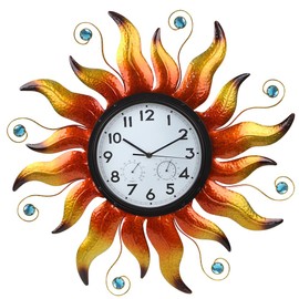 HOBYLUBY Large Outdoor Clock, Sun Outdoor Wall Clock with Thermometer & Humidity, Silent Non-Ticking Outside Clock for Patio, Living Room, Kitchen(Orange)