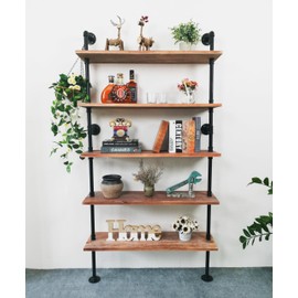 Anynice 5 Tier Industrial Ladder Shelf Bookcase, Wall Mounted Wood Metal Pipe Rustic Bookshelf for Living Room (Weathered Brown, 10" D x 36" W x 70" H)