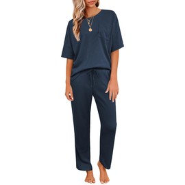 JiniGolla Waffle Knit Lounge Set 2 Piece Matching Pj Set with Pockets Short Sleeve Pajama Set Navy Blue XL