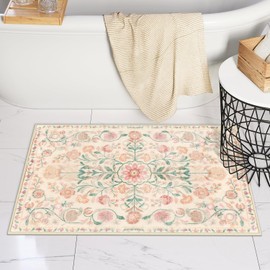 Uphome Bathroom Rugs Beige Boho Bathroom Mat Soft Luxury Non-Slip Vintage Bath Rug Machine Washable Farmhouse Distressed Floral Toilet Mat for Shower Bathtub Door Mat, 20x32 inch