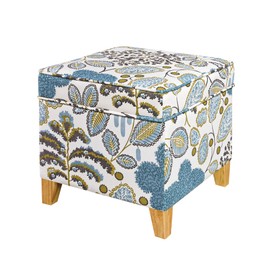 Adeco 18 Inch High Cube Ottoman Storage, Linen Chair Foot Stools, Upholstered Vanity Stool with Hinged Lid, Solid Wood Legs (Blue Leaves)