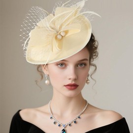 DRESHOW Flower with Single Arrow Feather Fascinators Hat Headband and a Forked Clip Bridal Headpiece Derby Fascinator Pillbox Hat Headpiece for Girls and Women, 1 x single arrow fascinator hat: beige