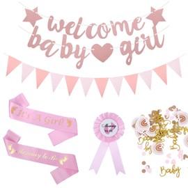 Baby Shower Decorations,Baby Shower Banner,Welcome Home Banner,Baby Girl Decorations with Mummy To Be Sash, Pink Bunting, Confetti