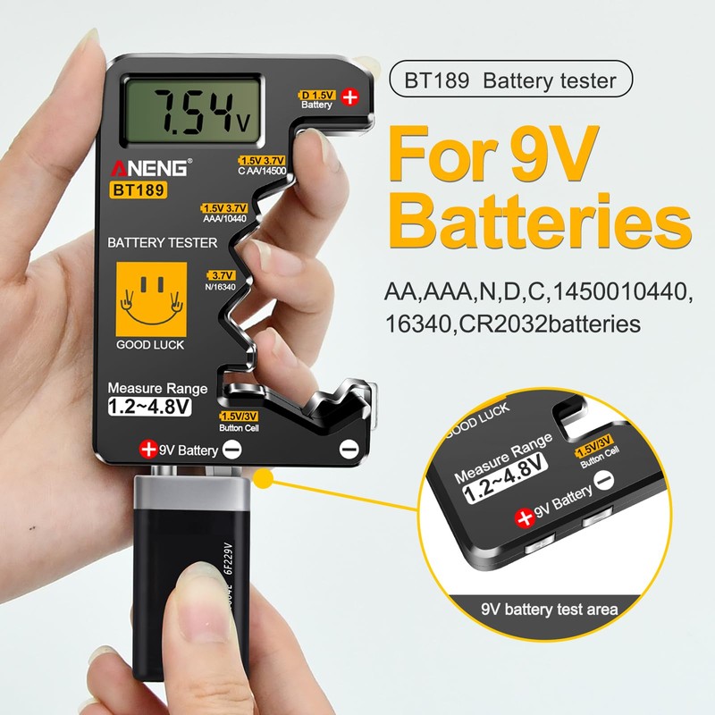ANENG BT189 Battery Tester for AAA,AA,C,D,9V,F,6F22,1.5V/3V Button Batteries,LCD Display Household