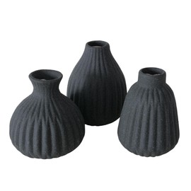 Seaside No.64 - Mini Stoneware Flower Vase in Ribbed Look - Set of 3 with Different Shapes - Decoration in Scandi Style for Grasses and Flowers - Table Decoration Wedding Modern (Black Rough)