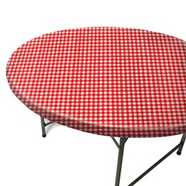 TopTableCloth Fits Tables up to 43" to 48" Inch Fitted Round Tablecloth Elastic Red & White Checkered Plastic Vinyl Flannel Backed Party Dining Wedding Outdoor Bar Table Cover Elasticated Christmas