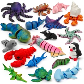 CHolic 18Pcs 3D Printed Ocean Animal Figures Set, Marine Animal Toys Fidget Articulated Flexible Toy for Party Favors Birthday Gifts Office Desktop Home Decoration