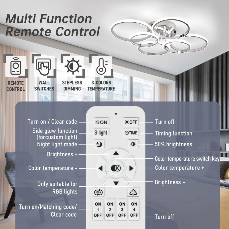 Sovinzert Modern Ceiling Lights, 6 Rings Dimmable Chrome LED Ceiling