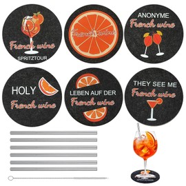 6 Stück Filzuntersetzer Rund, mit Edelstahlstrohhalm und Reinigungsbürste, mit Mandarinenmuster, Weintischdekoration, Geeignet für Bars, Restaurants, Cafés