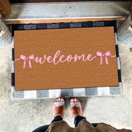 Welcome Pink Bow Doormat - Watercolor Ribbon Design for Bathroom, Porch, Home Decor - Minimalist Gift for Bow Lovers - 32x20in