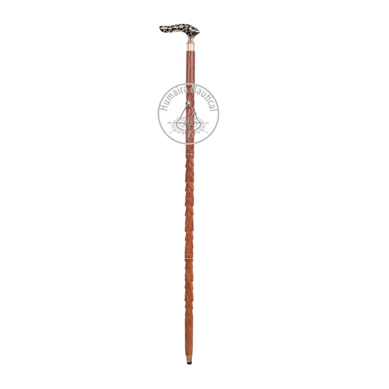 Solid Wood Handicrafts Vintage Unique Walking Stick Wooden Cane Brass