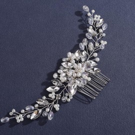 Lenjicons Elegant Flower Pearls Rhinestone Hair Comb Crystal Rhinestone Wedding Headpiece Sparkling Crystal Beads Bridal Hair Comb Wedding Hair Accessories for Women (silver)