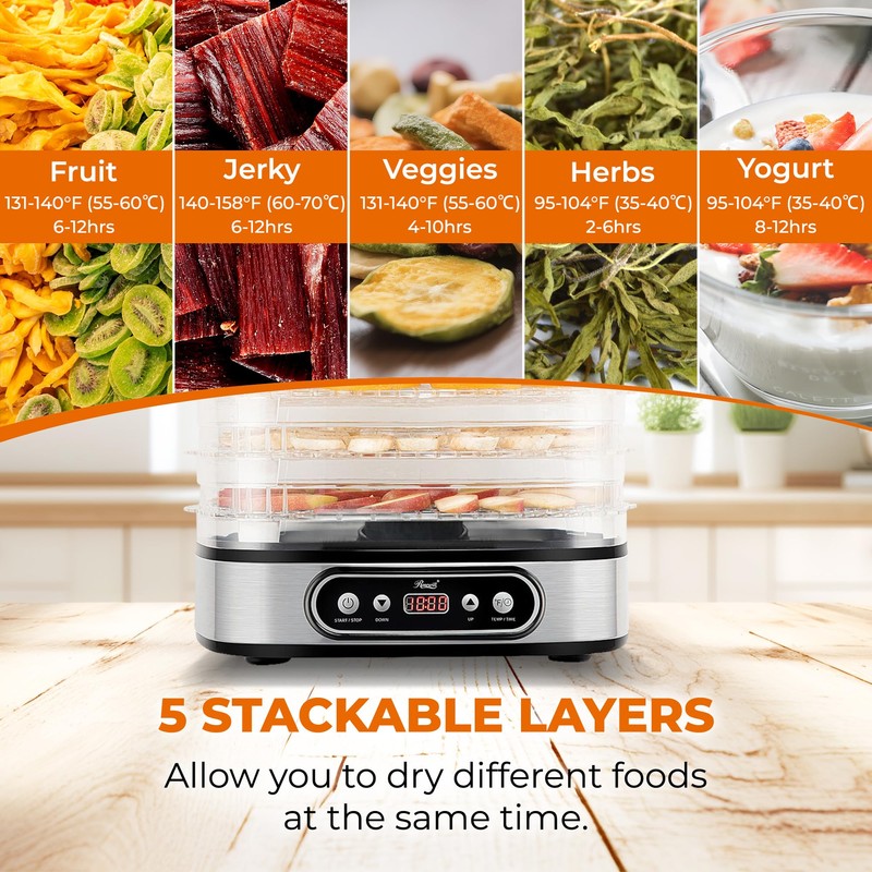 Rosewill Essential Food Dehydrator, 5 Stackable Trays with Adjustable 48H