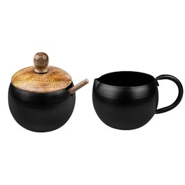 GoCraft Sugar Bowl and Creamer Pitcher Set | Matte Black Iron Cup Jug and Bowl with Wooden Lid and Spoon for Sugar Coffee Serving Milk Frothing for Restaurant, Cafes, Home & Kitchen