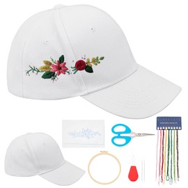 FREEBLOSS DIY White Hat Kit Needlework Set Floral Embroidery Hat Kit Cross Stitch Kits for Beginners Embroidery Starter Kit with Instructions Full Embroidery Kit for Sewing Project