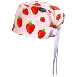 CALOMED Scrub Cap for Women and Men, Euro Style Scrub Caps, with Ribbon Ties & Buttons, Long or Short Hair (Strawberries on Pink)