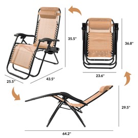Elevon Zero Gravity Chair with Cup Holder & Removable Pillow, Adjustable Reclining Outdoor Patio Folding Chairs for Adults Portable Lounge Chair Furniture for Poolside, Lawn, Beach, Camping, Beige
