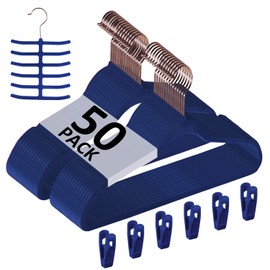 VECELO Premium Velvet Clothes Hangers Suit Heavy Duty (50 Pack)-Non Slip & Space-Saving with 6 Finger Clips & Tie Rack Excellent for Men and Women,Blue