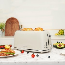 Roter Mond 4 Slice Toaster Retro Stainless Steel Toaster with Bagel, Cancel, Defrost Function and 6 Bread Shade Settings Bread Machine, Long Extra Wide Slots and Removable Crumb Tray, Cream