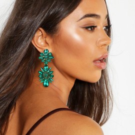 EleQueen Rhinestone Crystal Chandelier Dangle Drop Earrings for Women, Art Deco Teardrop Flower Pageant Statement Earrings for Party Banquet Green_Gold Tone