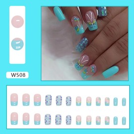 24pcs Square Press on Nails Medium Fake Nails Glossy Glue on Nails Blue Green with Butterfly Nail Sequin Design False Nails Acrylic Full Cover Stick on Nail for Women Manicure