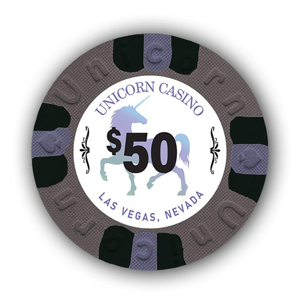 Pack of 50 Unicorn All Clay 9 Gram Poker Chips with Denomination, Authentic Casino Weighted Chips (Gray $50)