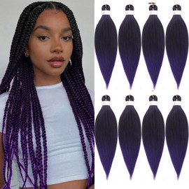 Ombre Purple Braiding Hair Pre stretched 18 Inch 8 Packs Pre stretched Braiding Hair For Twist Long Yaki Texture Synthetic Hair Extension Itch Free Hot Water Setting(18", T1B/Purple#)