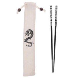 LOGOFUN Dragon Chopsticks Chinese Style Stainless Steel Anti-Skid Chopstick with Dragon Pattern Drawstring Pocket for Home Supplies - Black 24CM