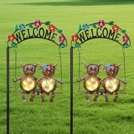 2 Pack Outdoor Solar Lights,Highland Cow Swing Garden Decor,Highland Cow Decorative Stake with Welcome Sign for Landscape Patio Yard Porch